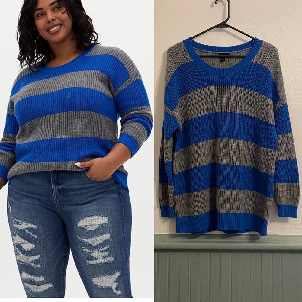 Torrid Plus Size Royal Blue & Grey Stripe Pointelle long sleeve knit Sweater 1X